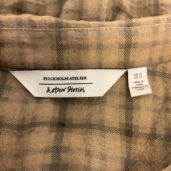 & Other Stories Blouse US 12 Beige Black Plaid Button Front Long Sleeve - Picture 12 of 12